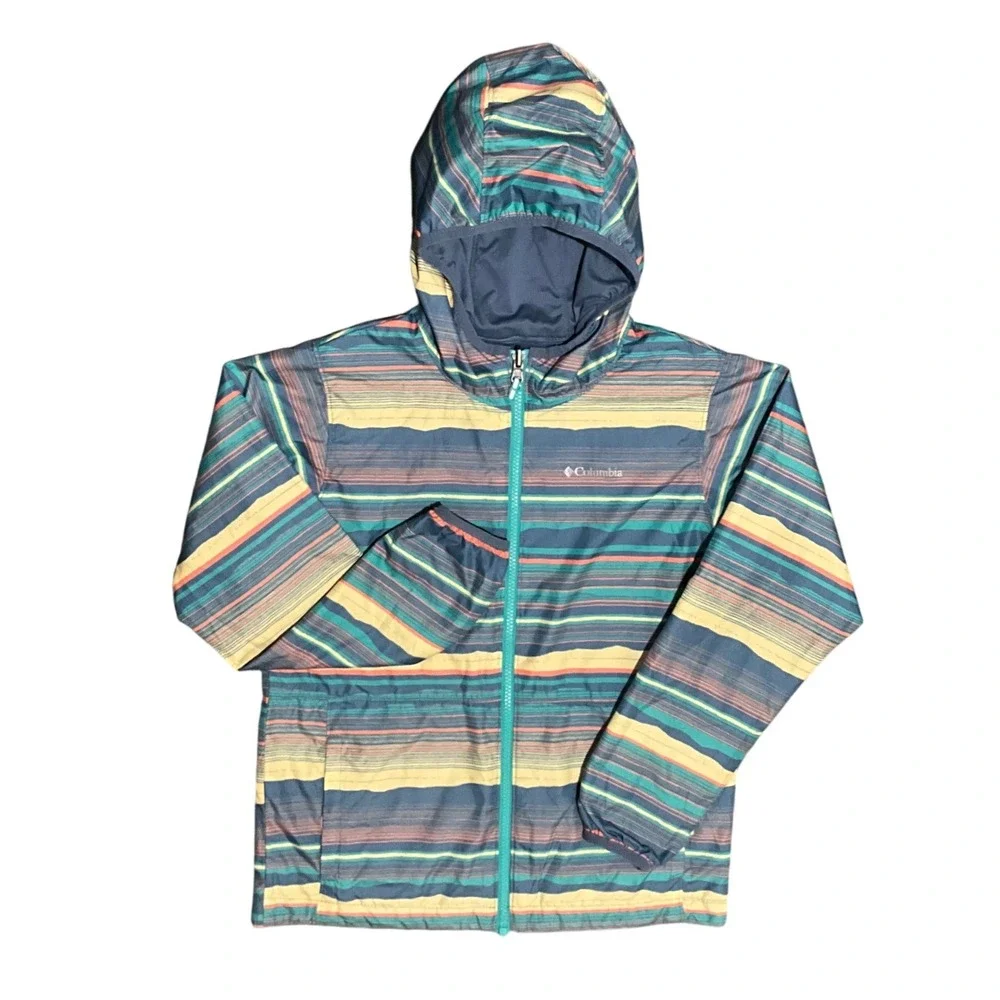 Columbia Kids Reversible Striped Hooded Windbreaker Jacket‎ M 10/12 Outdoor